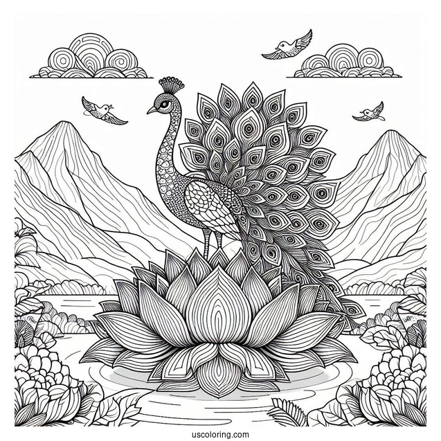 Mandala Peacock Coloring Page Standing on Lotus in Mountain Landscape