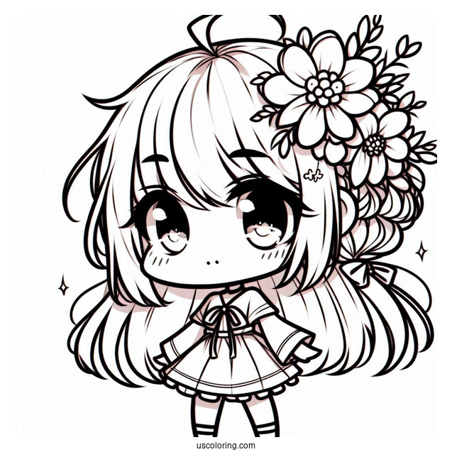 Chibi Anime Girl With Flower In Her Hair Coloring Sheet