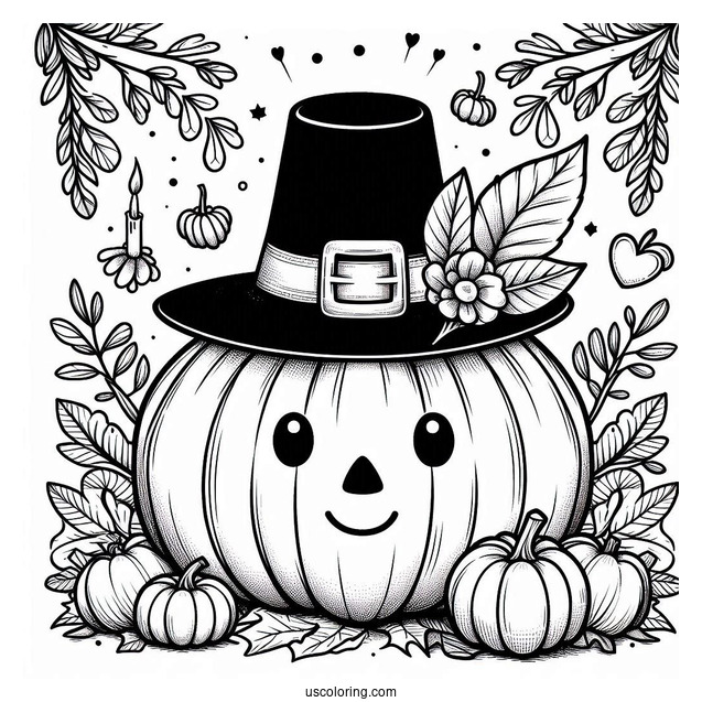 Thanksgiving Pumpkin Coloring Page Wearing Pilgrim Hat