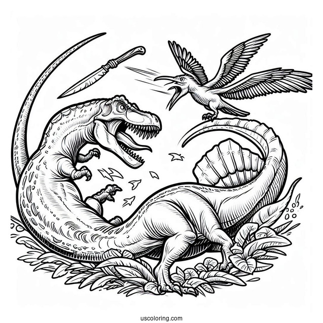 T Rex Fighting A Spinosaurus Coloring Page