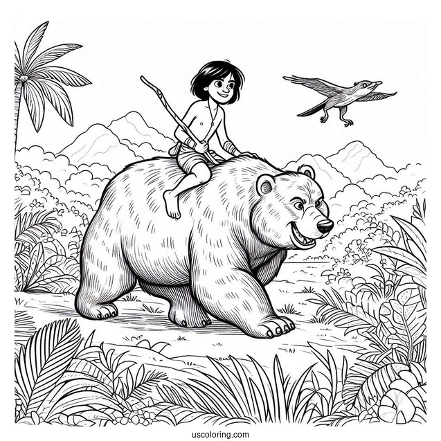 Jungle Book Coloring Page Of Mowgli Riding On Baloo s Back For Kids