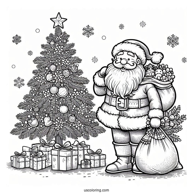 Santa With Sack Of Presents Next To Christmas Tree