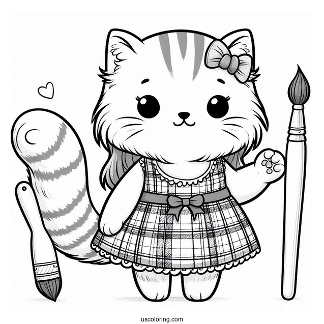 Cute Coloring Page Furry Cat Holding A Paintbrush And Wearing A Plaid Dress