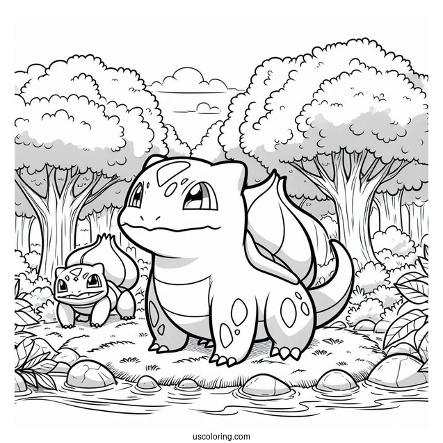 Bulbasaur Coloring Page With Charmander And Squirtle In Forest
