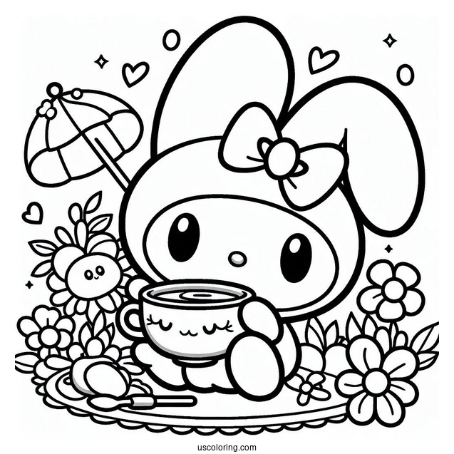 My Melody Coloring Page Having Tea With Flat And Risu