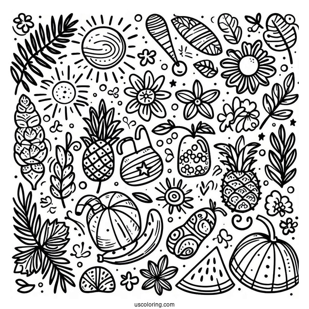 Full Page Summer Coloring Page Of Elements