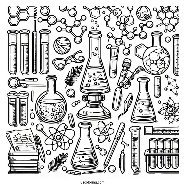 Science Coloring Page Of Laboratory Tools And Molecules For Kids