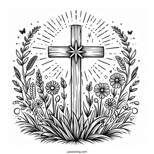Easter Coloring Page Of Easter Cross With Flowers In A Field