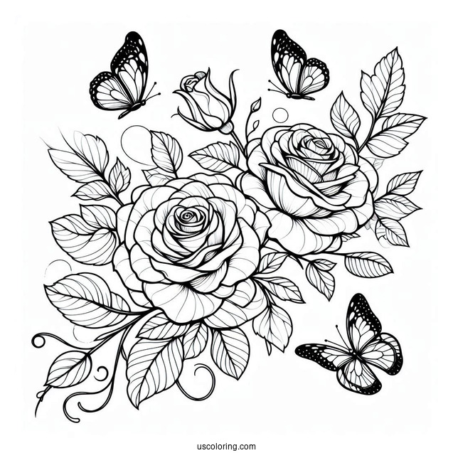 Beautiful Roses With Butterflies To Color