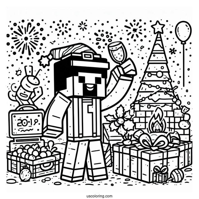 New Year Coloring Page Of Minecraft Steve Celebrating For Kids