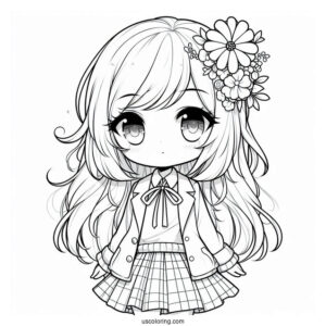 Chibi Anime Girl With Flower In Her Hair Coloring Sheet