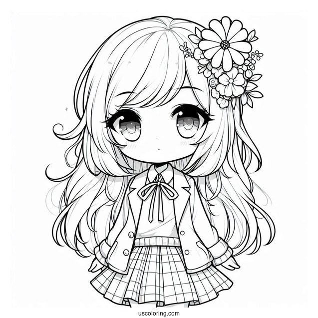 Chibi Anime Girl With Flower In Her Hair Coloring Sheet