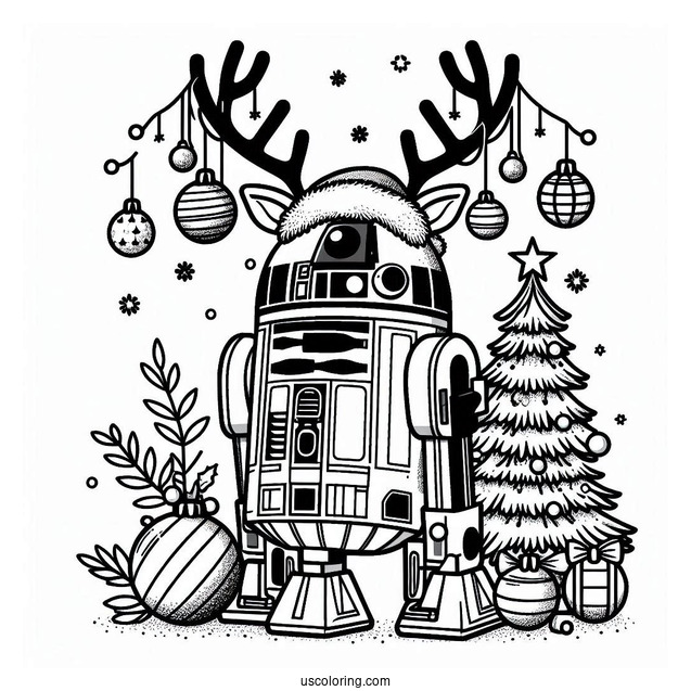 Cute R2-D2 Coloring Page With Antlers And Christmas Baubles For Kids