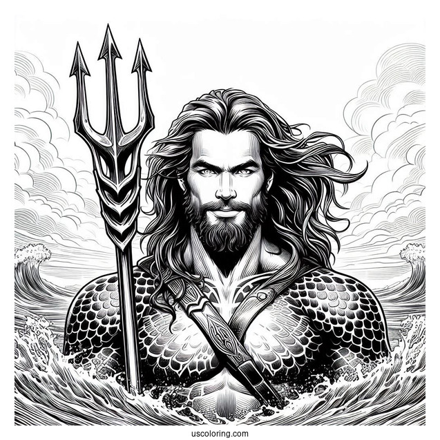 Realistic Aquaman Coloring Page With Trident And Water In The Back