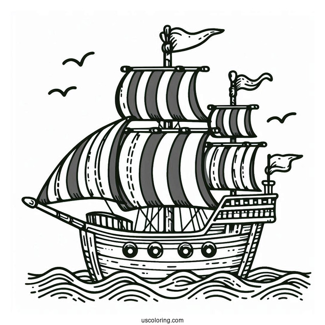 Cute Pirate Ship Coloring Page With Striped Sails At Sea