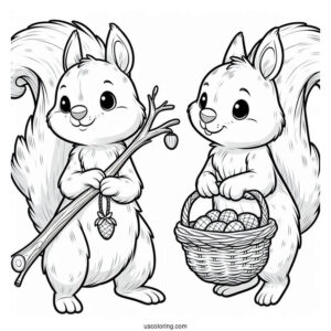 Squirrel Coloring Page Holding Stick And Wearing Basket For Collecting Nuts