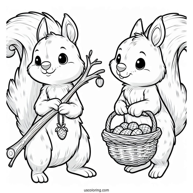 Squirrel Coloring Page Holding Stick And Wearing Basket For Collecting Nuts