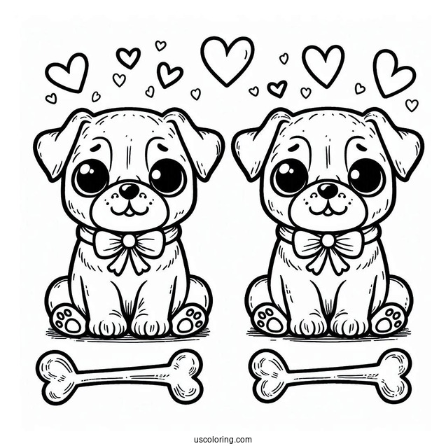 Coloring Page Of Baby Pug With Bones And Hearts