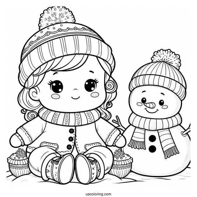 Baby Coloring Page In Winter Clothes Sitting Next To A Snowman