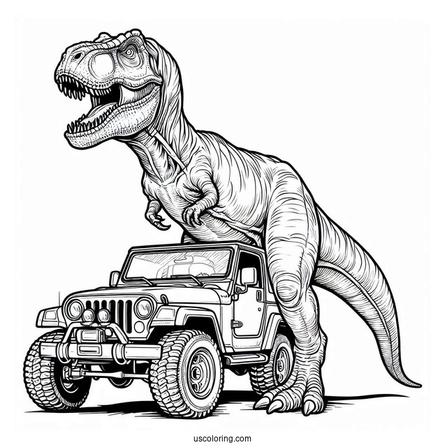 Jurassic Park T-Rex Standing On Jeep