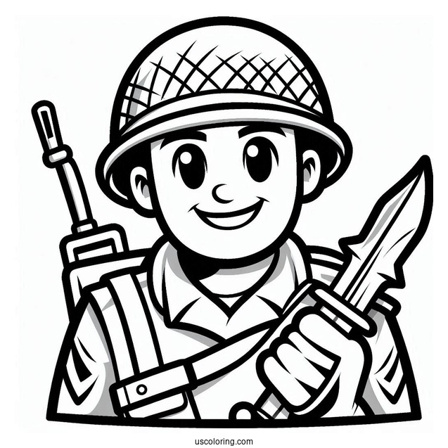 Easy Outline Of Smiling Soldier Coloring Page With Bayonet For Kids