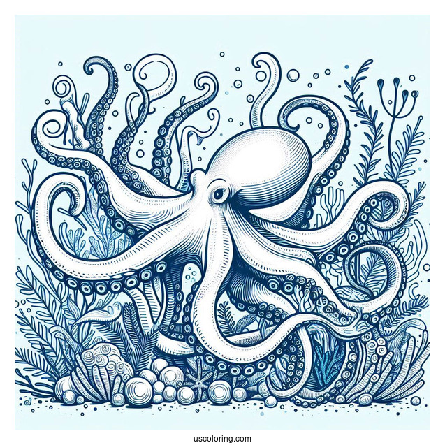 Blue Ring Octopus Coloring Page With Detailed Tentacles In Nautical Background