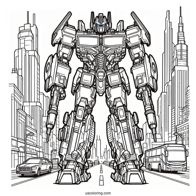 Simple Optimus Prime Coloring Page Outline With Ion Blaster In City