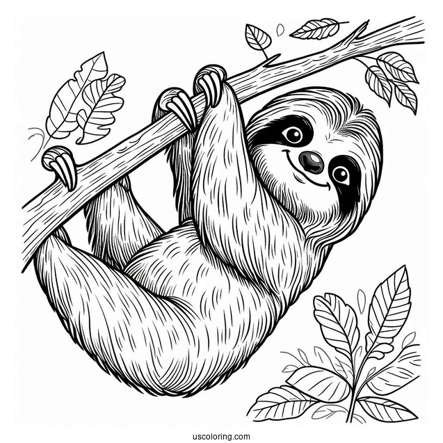 Adult Sloth Smiling And Hanging From Tree