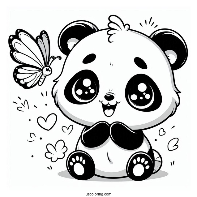 Baby Panda Coloring Page Smiling at a Butterfly