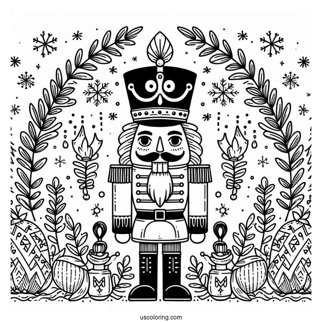 Nutcracker Coloring Page Guards With Laurels And Snowflakes In The Background