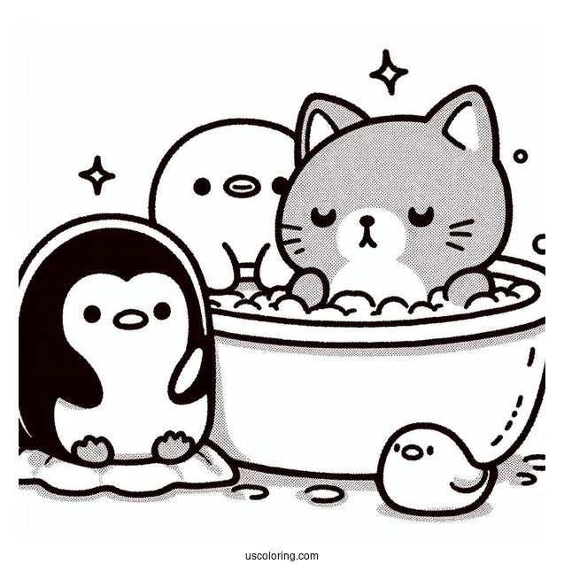 Sumikko Gurashi Coloring Page Of Penguin, Shirokuma, Neko, And Tonkatsu In Bath
