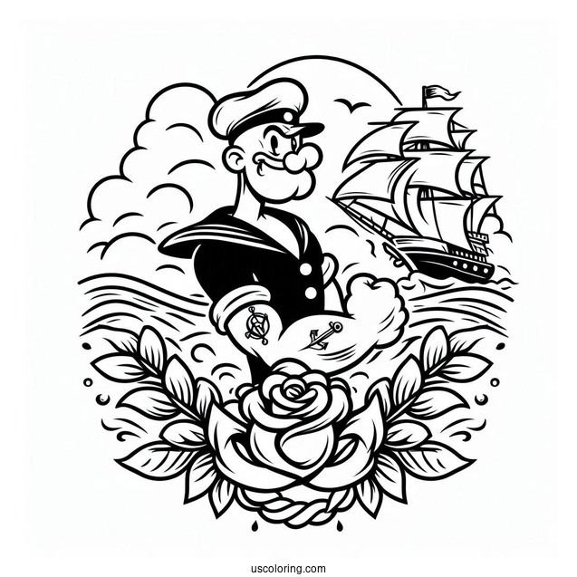Popeye Coloring Page The Sailor Man Logo With Ship And Roses