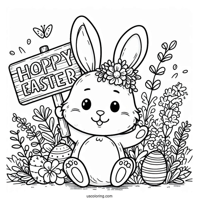 Easter Bunny Coloring Page Holding Hoppy Easter Sign For Kids