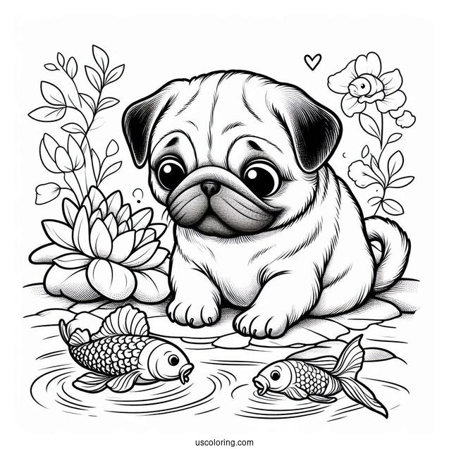 Curious Pug Coloring Page Playing with Koi Fish by the Pond