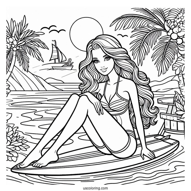 Barbie On A Surfboard Coloring Page