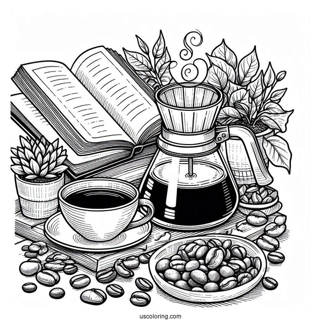 Coffee Coloring Pages Of Freshly Brewed Pour Over Coffee In Front Of Open Book