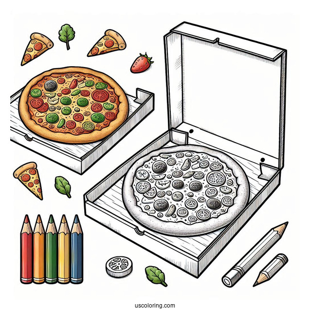 Easy Drawing Of a Pizza And Box To Color