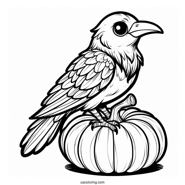 Cartoon Raven Coloring Page Standing On Pumpkin For Kids