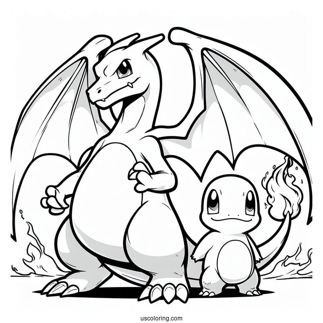 Charizard Standing Behind Charmander