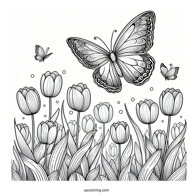 Butterfly Flying Over Field Of Tulips