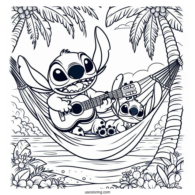 Lilo And Stitch Playing Guitar On a Hammock Coloring Page