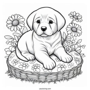 Labrador Puppy On Flower Bed Coloring Sheet
