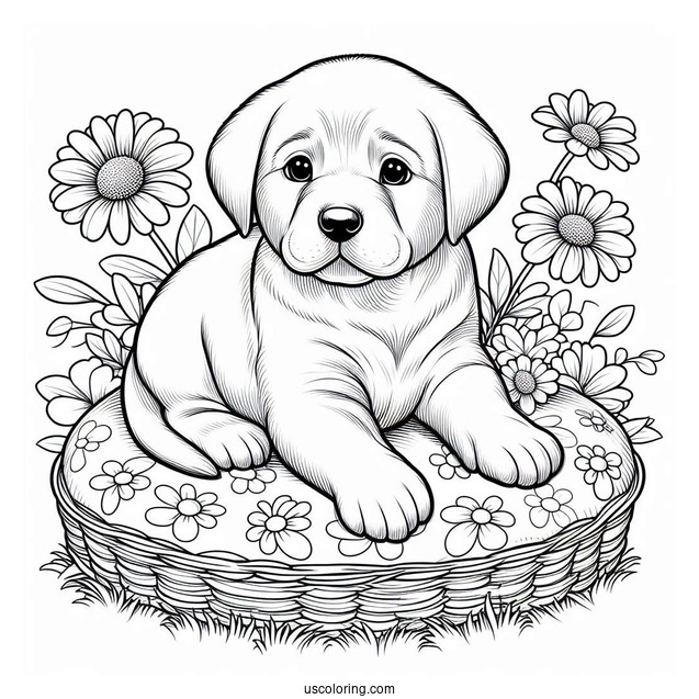 Labrador Puppy On Flower Bed Coloring Sheet