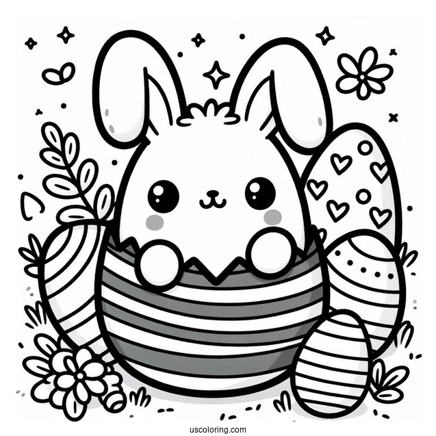 Kawaii Bunny Coming Out Of Striped Easter Egg Coloring Page For Kids