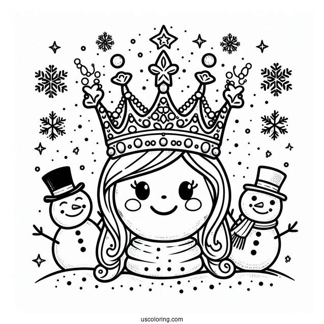 Winter Crown Coloring Page with Snowflakes and Snowmen