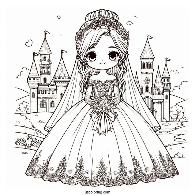 Princess Coloring Page In Wedding Dress In Front Of Castle