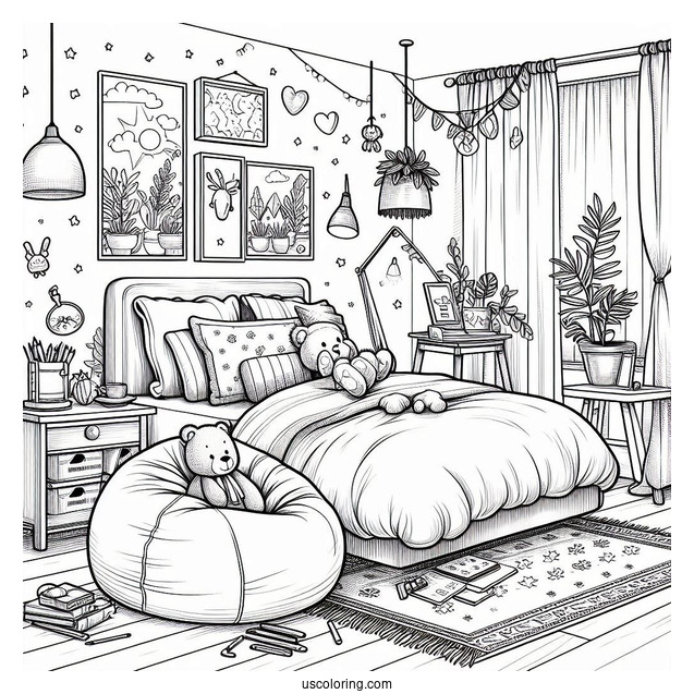 Kid's Bedroom Coloring Page With Bean Bag, Stuffed Toys, And Paintings