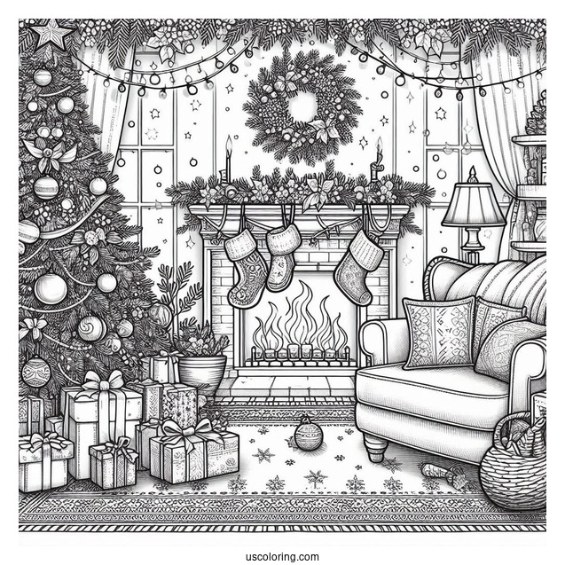 Christmas Coloring Pages For Adults Of Detailed Cozy Christmas Living Room