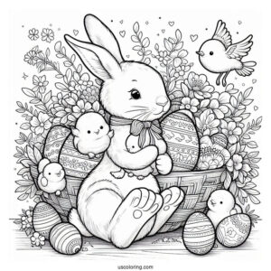 Peter Rabbit Coloring Page With Easter Eggs And Ducklings
