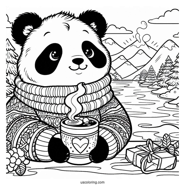 Cozy Panda Coloring Page in Sweater Drinking Hot Cocoa by the River
